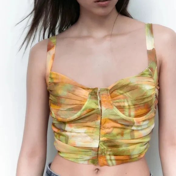 printed tulle corset top zara